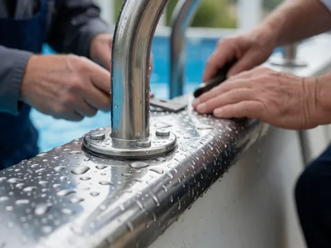 Mains d'un installateur de piscines ajustant une échelle en acier inoxydable avec des gouttes d'eau sur la surface métallique près du mur de la piscine.