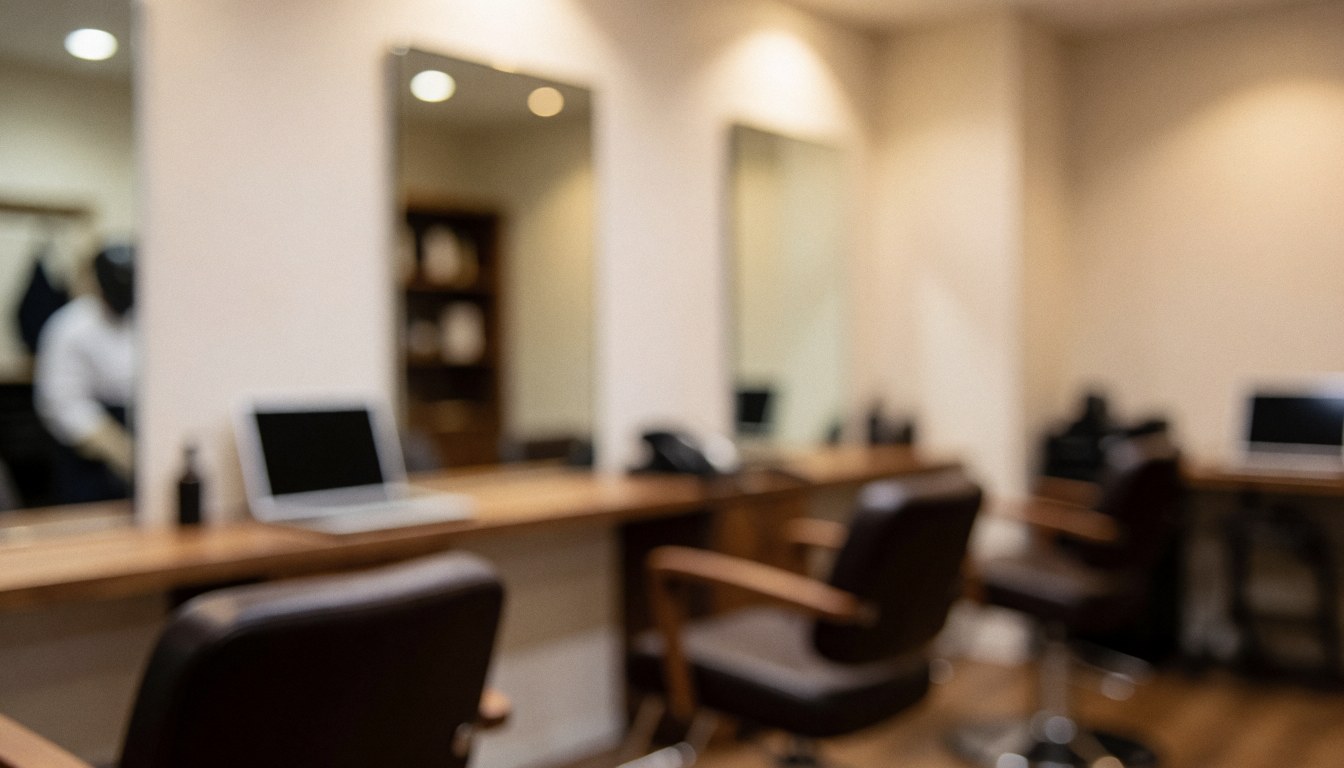 Arrière-plan flou d'un salon de coiffure avec chaises, miroirs et tables de travail, idéal pour du texte ou la couverture d'une entreprise.