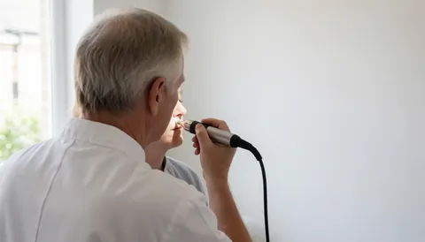 Un professionnel réalise une dermabrasion sur un client dans une clinique esthétique aux murs blancs et à la lumière naturelle.