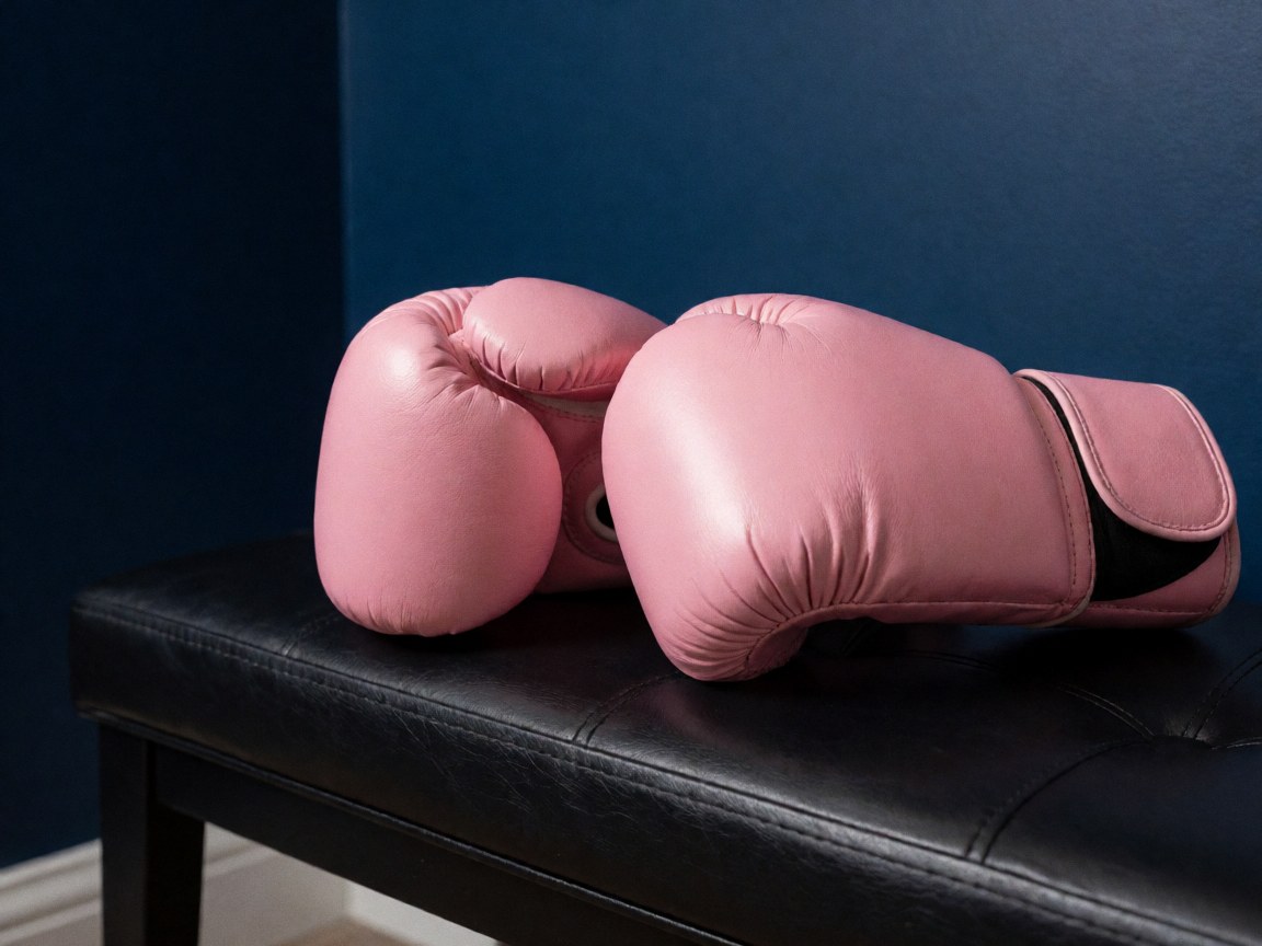 Des gants de boxe roses avec des coutures visibles reposent sur un banc en cuir noir contre un mur bleu marine.