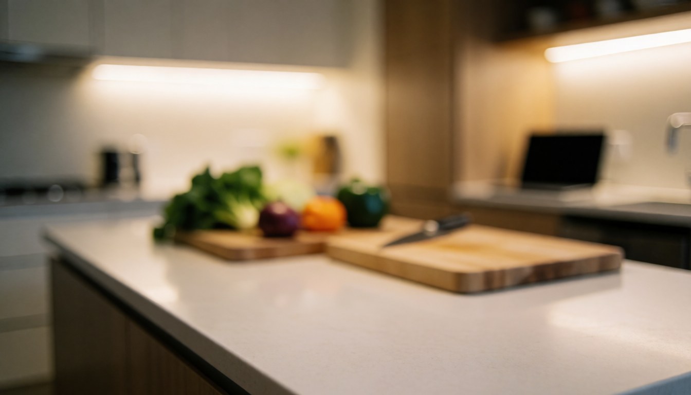 Fond de cuisine moderne avec des coupe-légumes en bois et des légumes frais, idéal pour des textes sur les services de nutrition et de coaching.