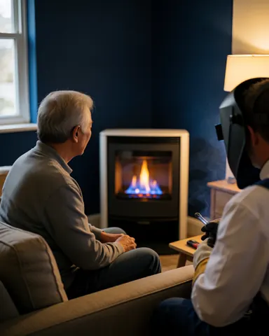 Cliente satisfaite sur un canapé regardant la flamme bleue d'un nouvel appareil à gaz, avec un technicien en casque à proximité dans un salon aux murs bleus.