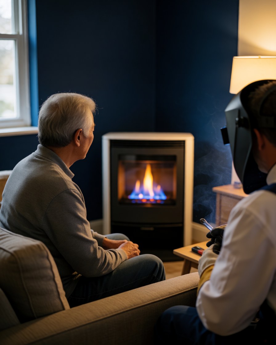 Cliente satisfaite sur un canapé regardant la flamme bleue d'un nouvel appareil à gaz, avec un technicien en casque à proximité dans un salon aux murs bleus.