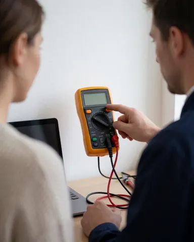 Un technicien et un client examinant la lecture du multimètre dans un atelier de réparation de motos avec des murs blancs et une table de travail.