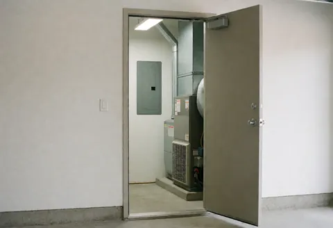 Porte métallique ouverte révélant un local technique avec climatiseur, panneau électrique et conduits métalliques pour la réparation de chauffage.