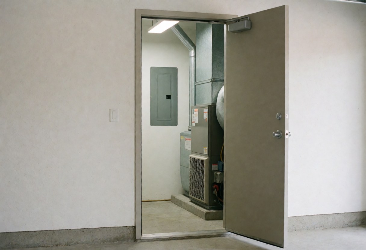 Porte métallique ouverte révélant un local technique avec climatiseur, panneau électrique et conduits métalliques pour la réparation de chauffage.