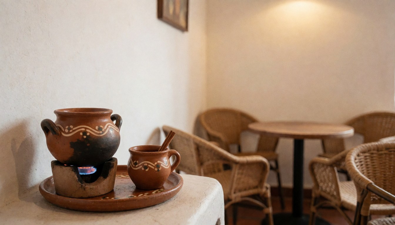 Olla en terre cuite posée sur une flamme, accompagnée d'une tasse de café et de bâtons de cannelle, dans un café aux murs chaleureux et aux chaises en rotin.