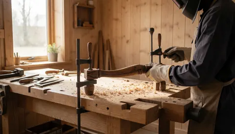 Menuisier portant des gants, travaillant sur une chaise ancienne dans un atelier de bois avec des outils et une lumière naturelle.