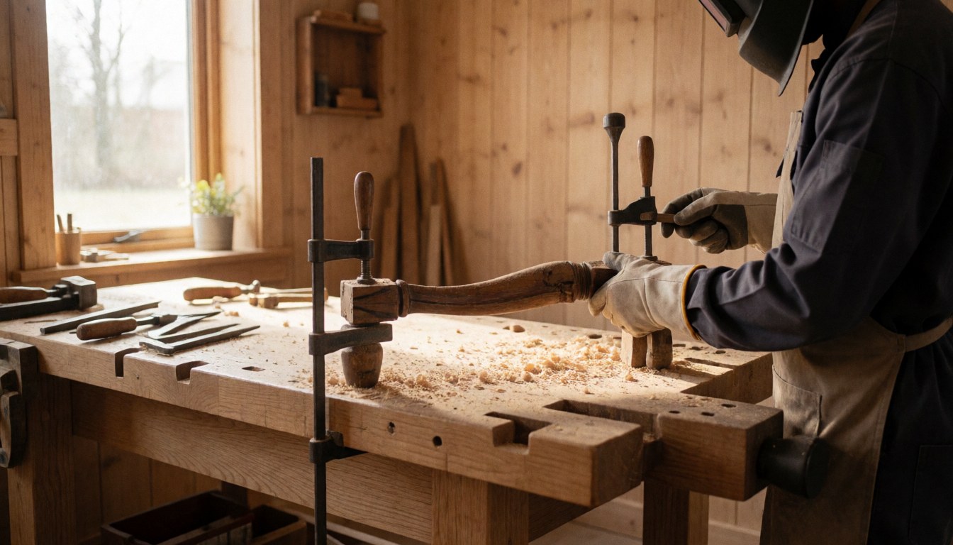 Menuisier portant des gants, travaillant sur une chaise ancienne dans un atelier de bois avec des outils et une lumière naturelle.