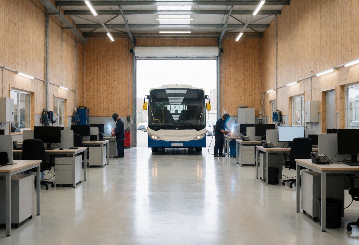 Deux techniciens effectuent des travaux de soudure sur la structure d'un autobus touristique dans un atelier moderne aux murs clairs et au sol poli.