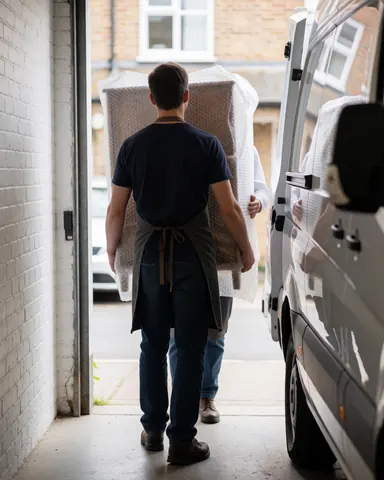 Un tapissier charge un meuble protégé par du film bulle dans une camionnette de livraison devant un atelier avec un mur en briques blanches.