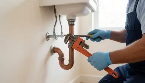 Un plombier portant des gants bleus utilise une clé à tuyau orange pour réparer un tuyau de cuivre sous un robinet blanc sur un mur clair.