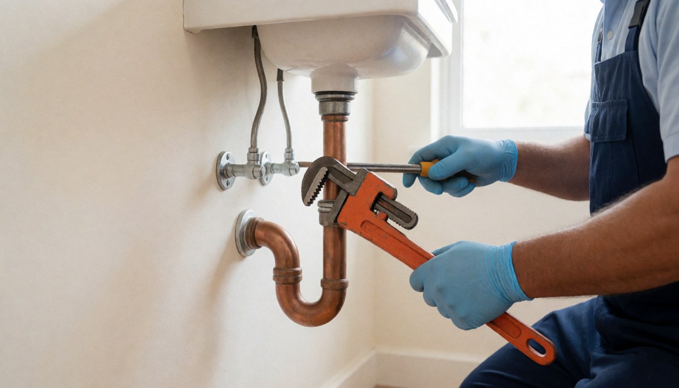 Un plombier portant des gants bleus utilise une clé à tuyau orange pour réparer un tuyau de cuivre sous un robinet blanc sur un mur clair.