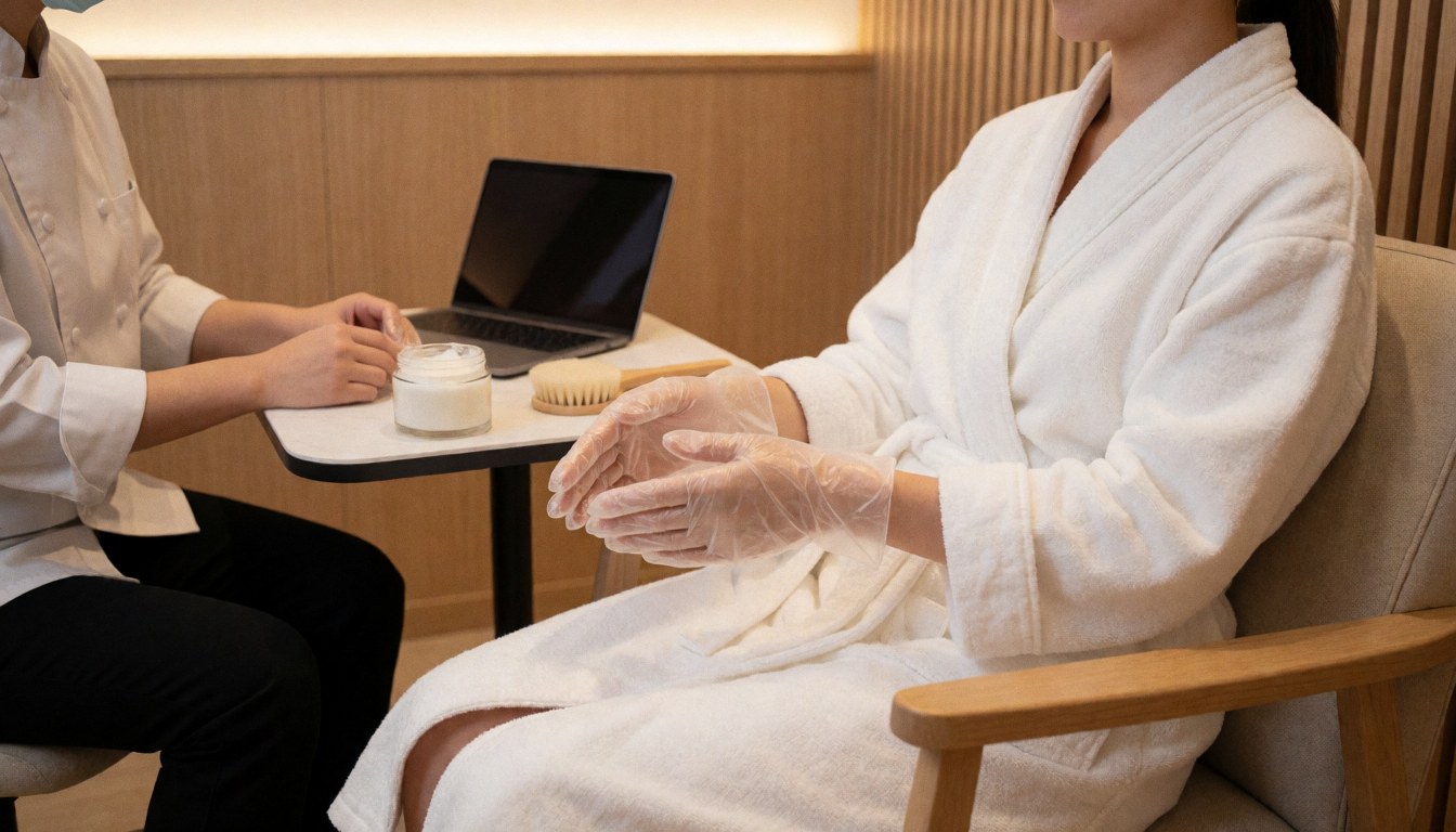 Cliente assise sur une chaise en bois, portant des gants plastiques et un masque hydratant, dans un salon de manucure et pédicure au look spa relaxant.