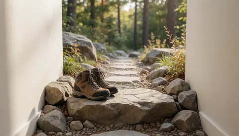 Paire de chaussures de marche posée sur une pierre au milieu d'un sentier caillouteux en forêt, idéale pour une page d'accueil de site de camping.