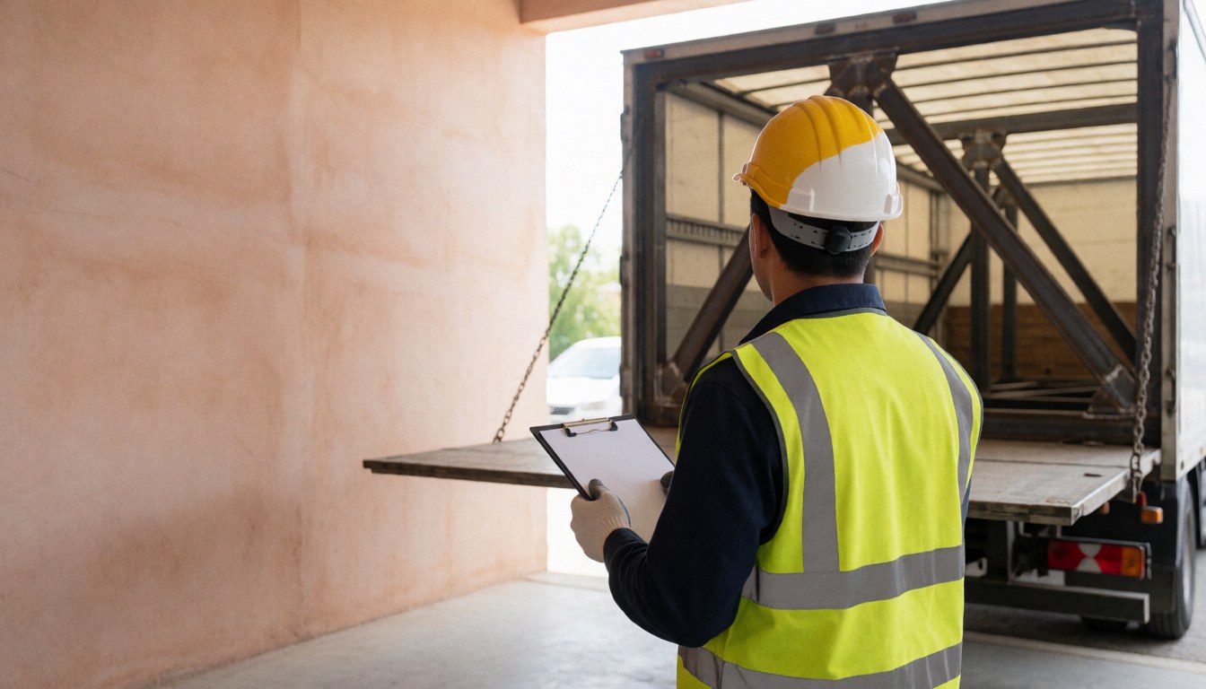 Un travailleur portant un casque et un gilet de sécurité inspecte une charge métallique sur un camion dans un entrepôt industriel.