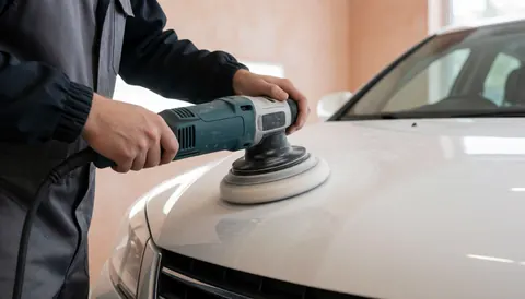 Un technicien utilise une ponceuse pour polir le capot d'une automobile dans un atelier aux murs en plâtre terracotta, offrant un espace pour ajouter du texte.