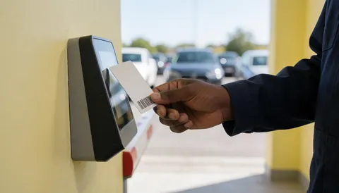 Une main tient une carte d'accès devant un lecteur fixé sur un mur jaune, avec des véhicules en arrière-plan, illustrant le service de stationnement.