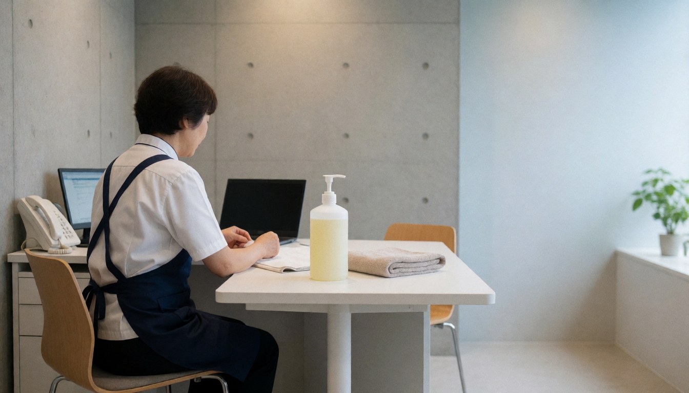 Un professionnel en cabinet tient une bouteille de solution neutralisante avec une serviette pliée sur une table blanche, murs en béton et lumière naturelle.