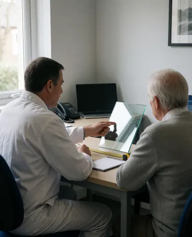 Verrrier en consultation avec un client, montrant un échantillon de verre sur une table avec une règle et un carnet, éclairage naturel dans un bureau propre