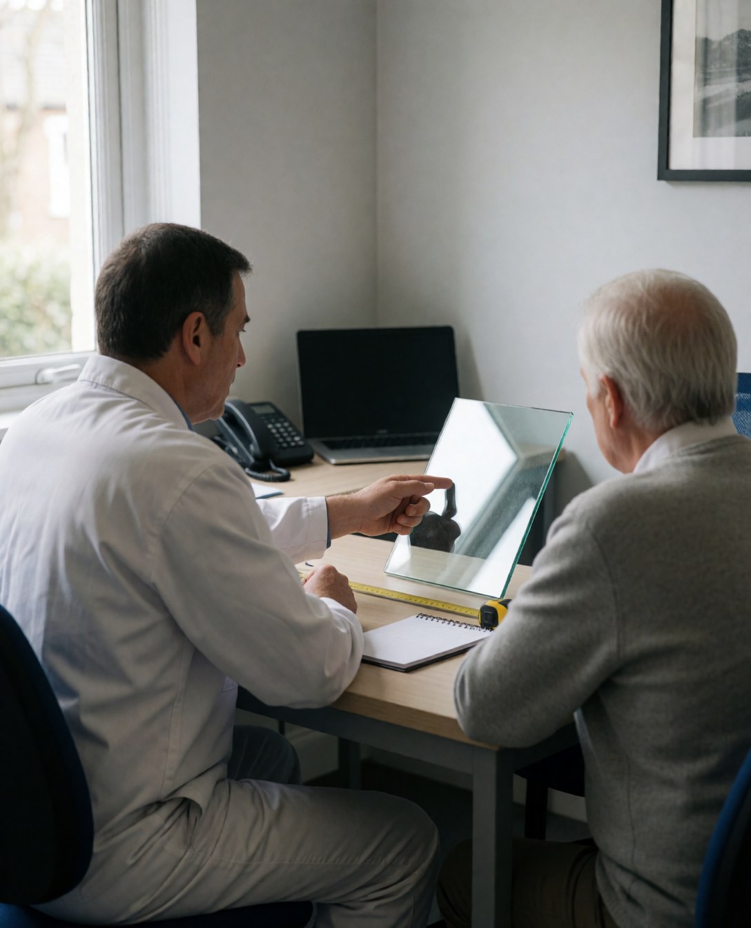 Verrrier en consultation avec un client, montrant un échantillon de verre sur une table avec une règle et un carnet, éclairage naturel dans un bureau propre