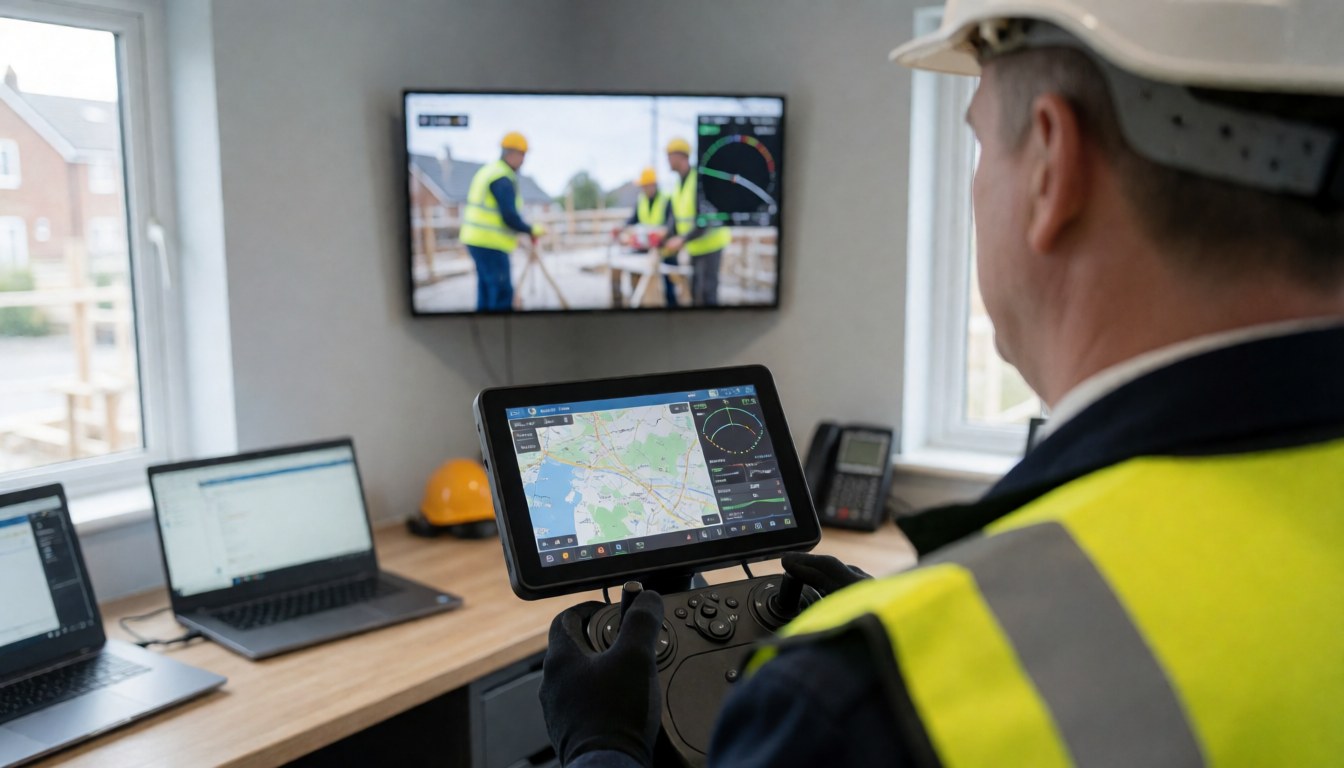 Un pilote aérien équipé d'un casque et d'un gilet de sécurité surveille un chantier via une tablette et un écran montrant des travailleurs sur site.