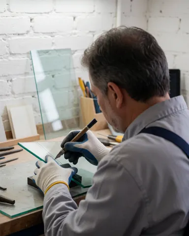 Un technicien en verrerie coupe un morceau de verre avec un coupe-verre dans un atelier aux murs de briques blanches et aux outils visibles.