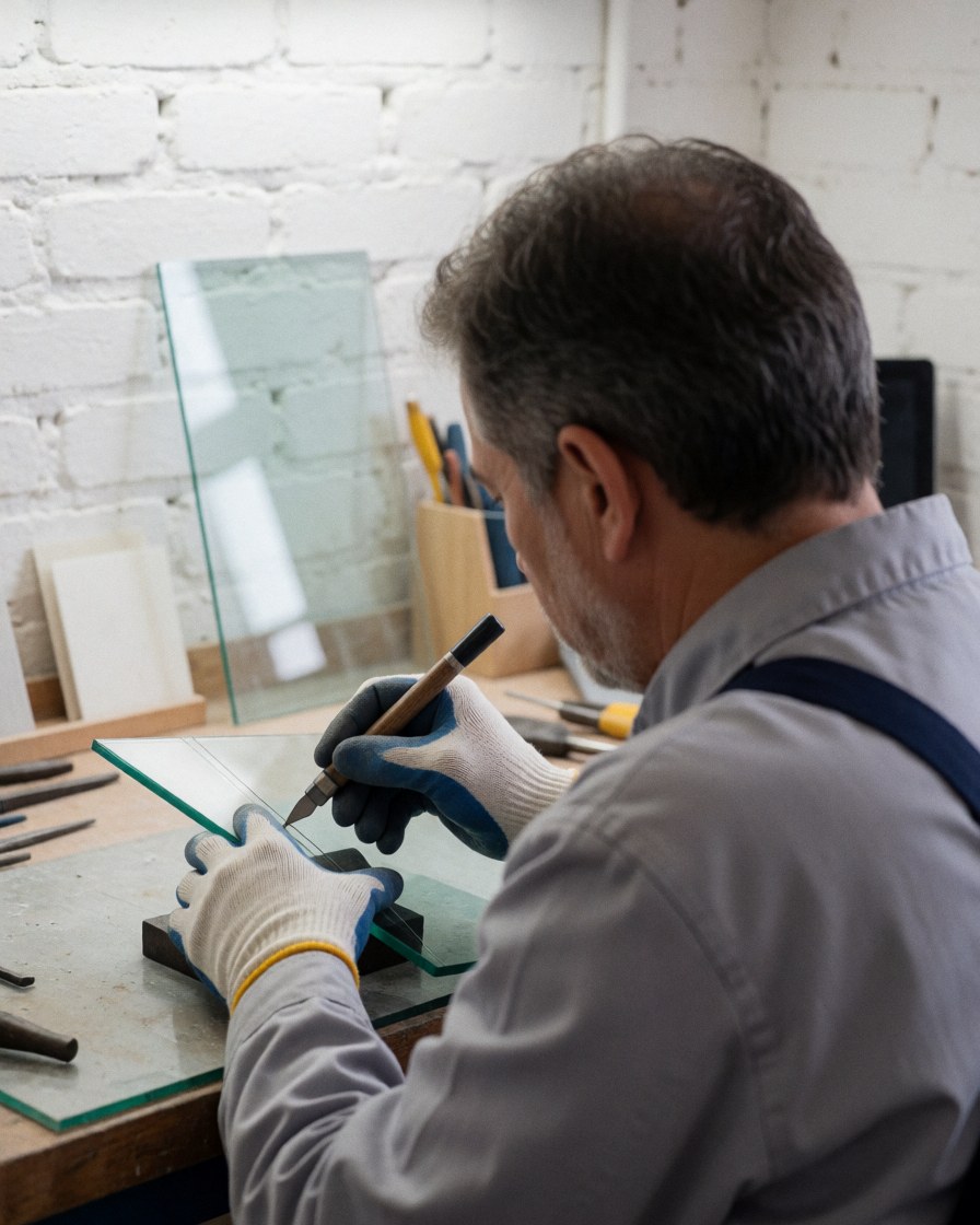Un technicien en verrerie coupe un morceau de verre avec un coupe-verre dans un atelier aux murs de briques blanches et aux outils visibles.