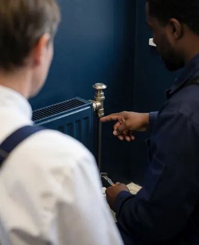 Un technicien explique l'installation d'une nouvelle vanne sur un radiateur bleu devant un mur bleu marine.