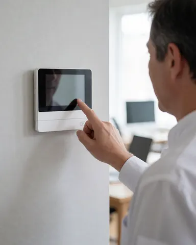 Un homme adulte interagit avec un panneau de sécurité blanc fixé sur un mur gris dans un intérieur lumineux et ordonné, illustrant les services de réparation d'alarmes.