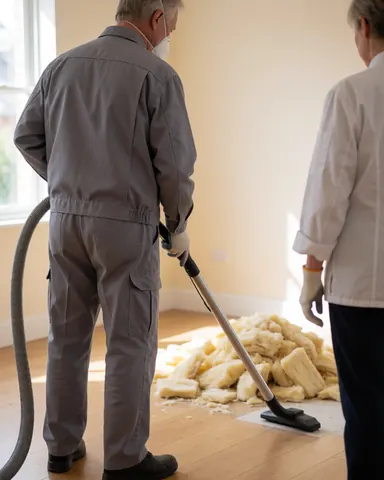 Un travailleur portant un masque et des gants aspire des débris d'isolation sur un sol en bois poli pendant qu'un client observe de près dans une pièce aux murs beige éclairée par la lumière naturelle.
