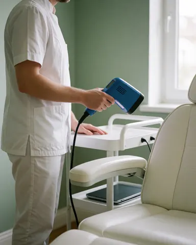 Thérapeute en uniforme blanc avec dispositif LED bleu, chaise de traitement blanche, murs verts et lumière naturelle dans une clinique de nettoyage facial.