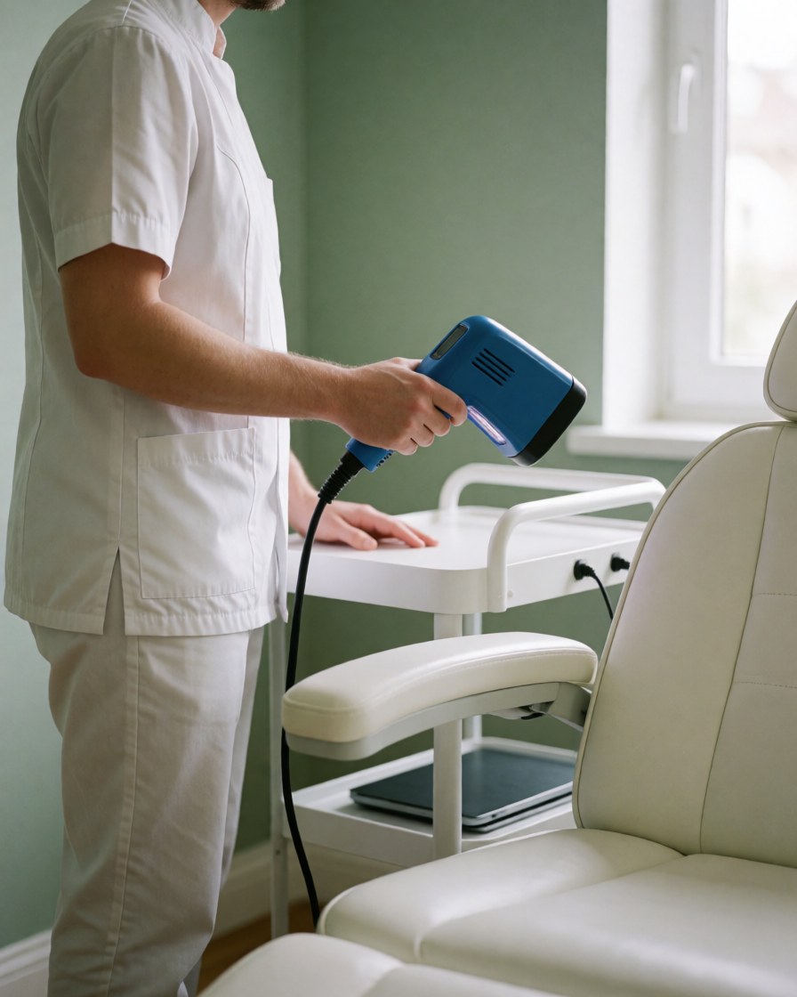 Thérapeute en uniforme blanc avec dispositif LED bleu, chaise de traitement blanche, murs verts et lumière naturelle dans une clinique de nettoyage facial.