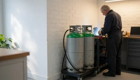 Technicien en réfrigération effectuant une soudure avec deux cylindres de gaz réfrigérant dans un atelier aux murs de briques blanches et à l'éclairage chaud.