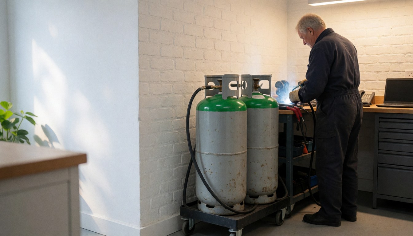 Technicien en réfrigération effectuant une soudure avec deux cylindres de gaz réfrigérant dans un atelier aux murs de briques blanches et à l'éclairage chaud.