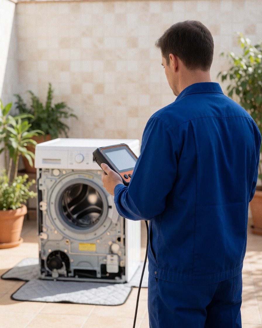 Un technicien en tenue de travail examine une machine à laver démontée dans un patio ensoleillé avec des plantes et des murs carrelés.