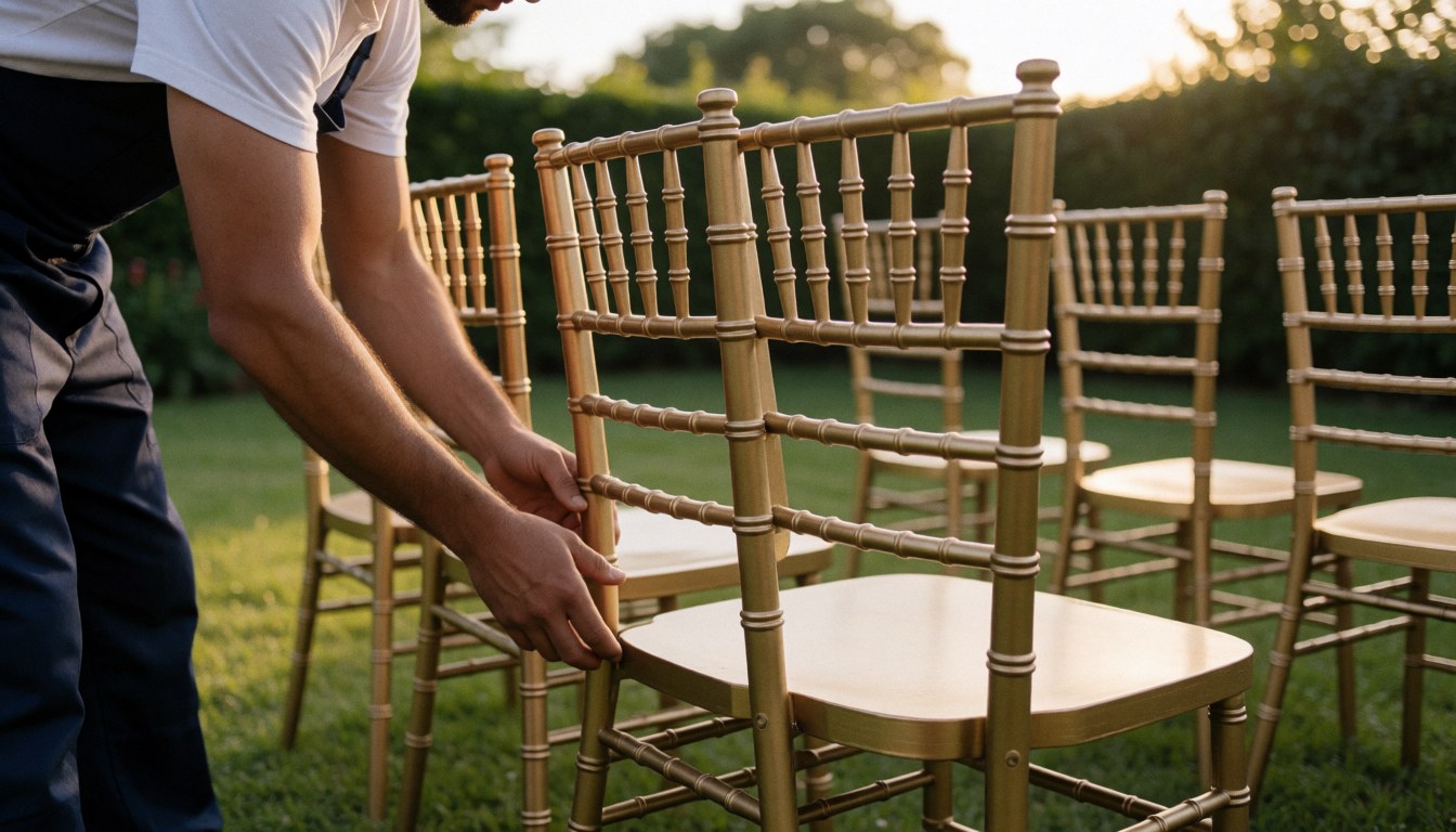 Un travailleur ajuste une chaise dorée de location dans un jardin au coucher du soleil, idéal pour les services de mobilier événementiel.