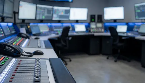 Arrière-plan flou d'un centre de spectacles avec écrans, console de mixage et chaises de bureau sous éclairage bleu led
