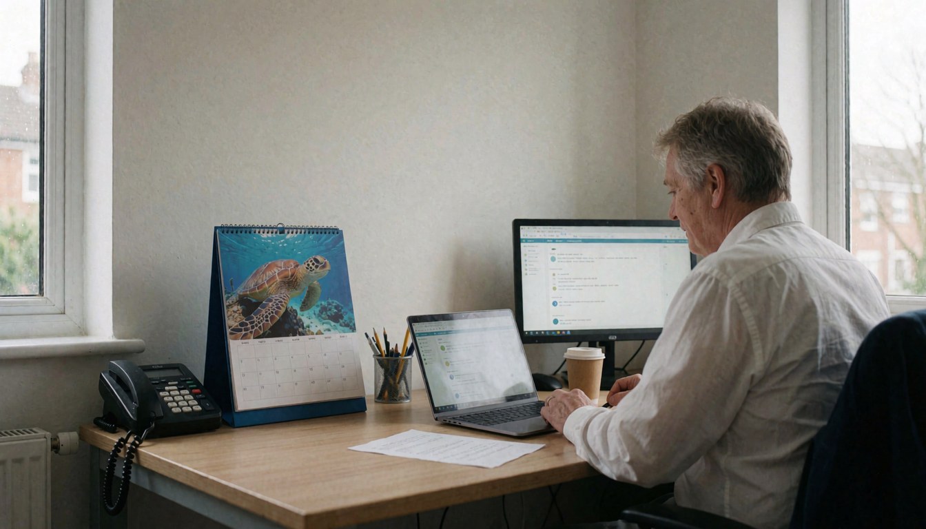Un homme travaille sur un ordinateur portable dans un bureau lumineux avec des murs clairs, un calendrier mural à la tortue marine et une tasse de café près de la fenêtre.