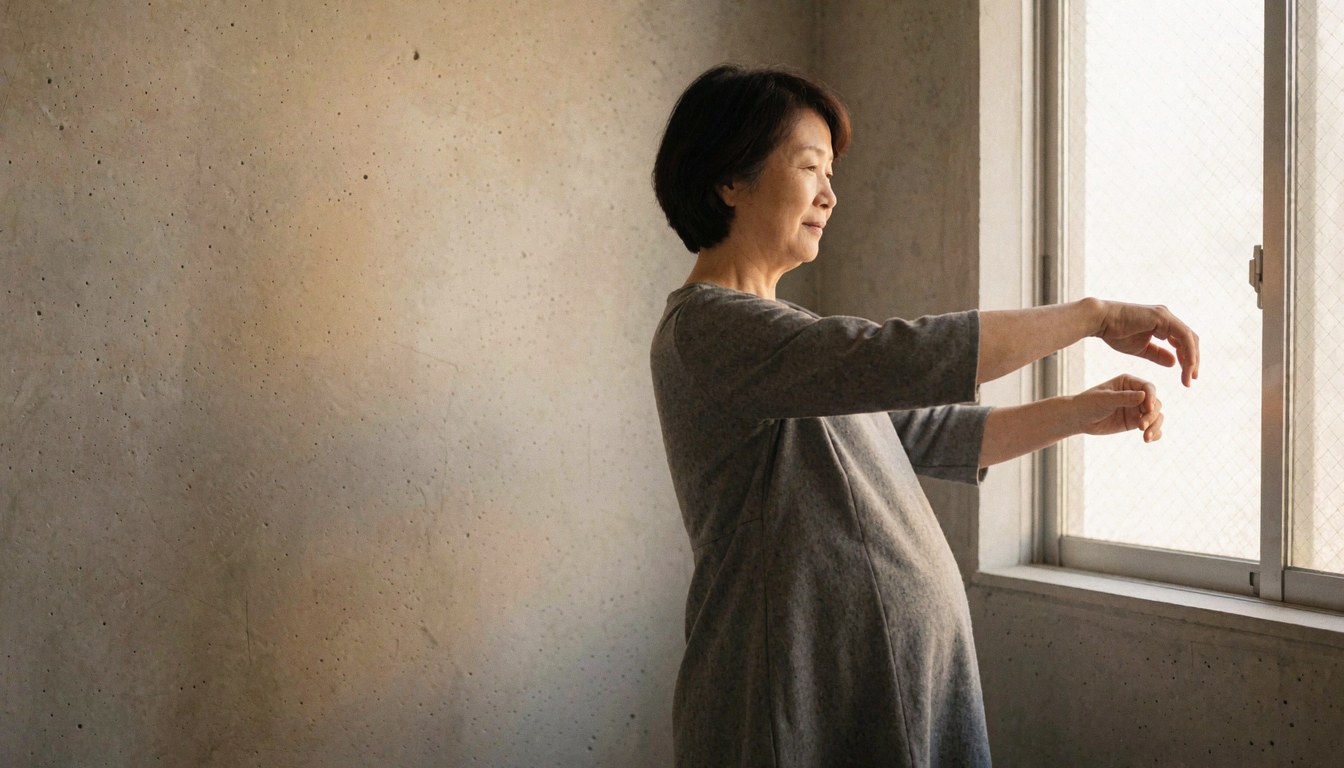 Une femme enceinte réalise des mouvements doux près d'une fenêtre baignée de lumière dorée, avec un mur en béton en arrière-plan.