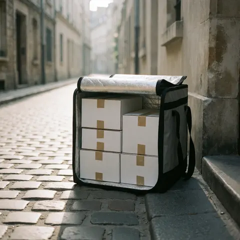 Valise isotherme ouverte révélant des cartons, posée sur une ruelle pavée, évoquant la logistique urbaine et les livraisons en centre historique.