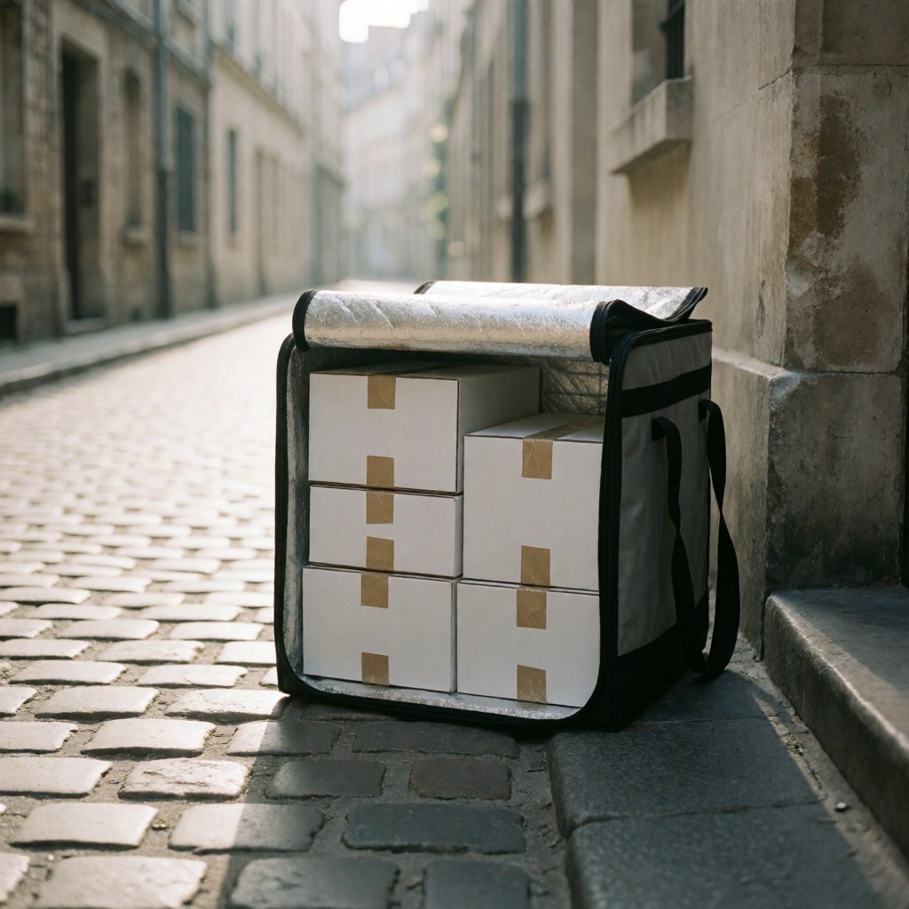 Valise isotherme ouverte révélant des cartons, posée sur une ruelle pavée, évoquant la logistique urbaine et les livraisons en centre historique.