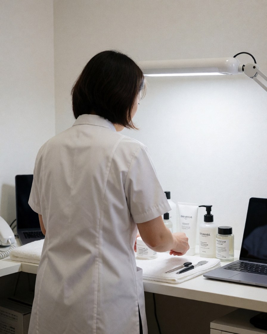 Une esthéticienne en uniforme blanc range des produits de soin sur une table propre dans un salon de beauté bien éclairé.
