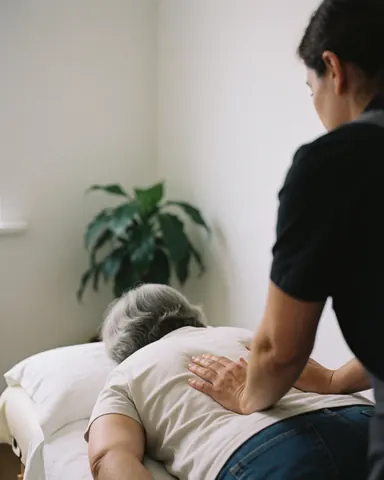 Un thérapeute applique un massage sur le dos d'un client allongé sur une table dans une clinique à l'ambiance relaxante.