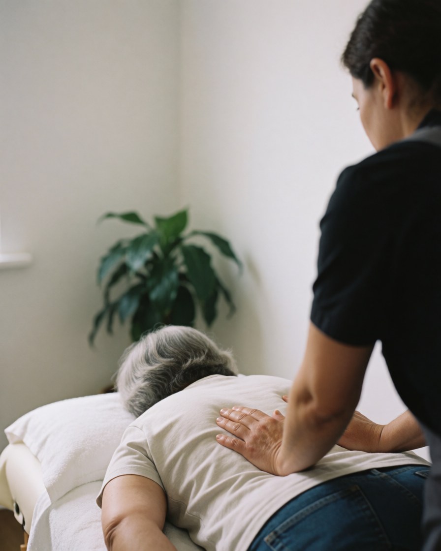 Un thérapeute applique un massage sur le dos d'un client allongé sur une table dans une clinique à l'ambiance relaxante.
