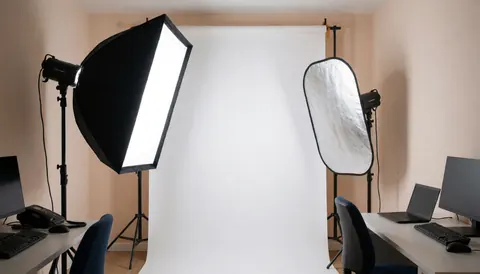 Studio de photographie équipé de softbox et de réflecteurs éclairant un fond blanc, matériel professionnel pour photographe macro.