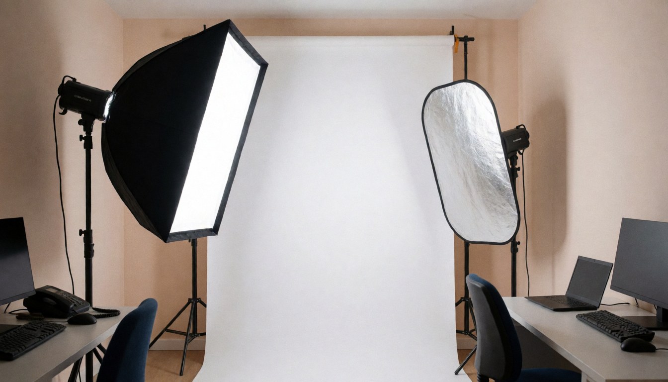 Studio de photographie équipé de softbox et de réflecteurs éclairant un fond blanc, matériel professionnel pour photographe macro.