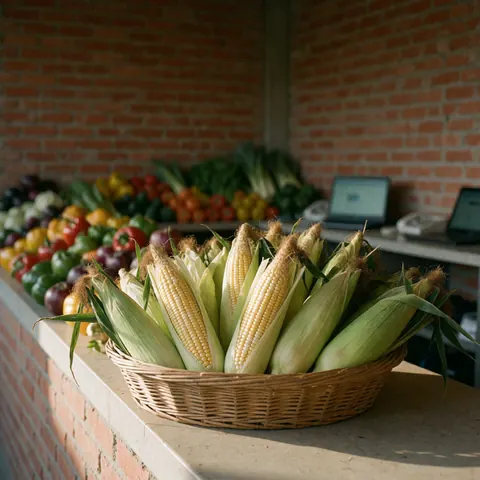 Un panier en osier contient des épis de maïs frais posé devant un mur de briques avec des légumes colorés en arrière-plan.