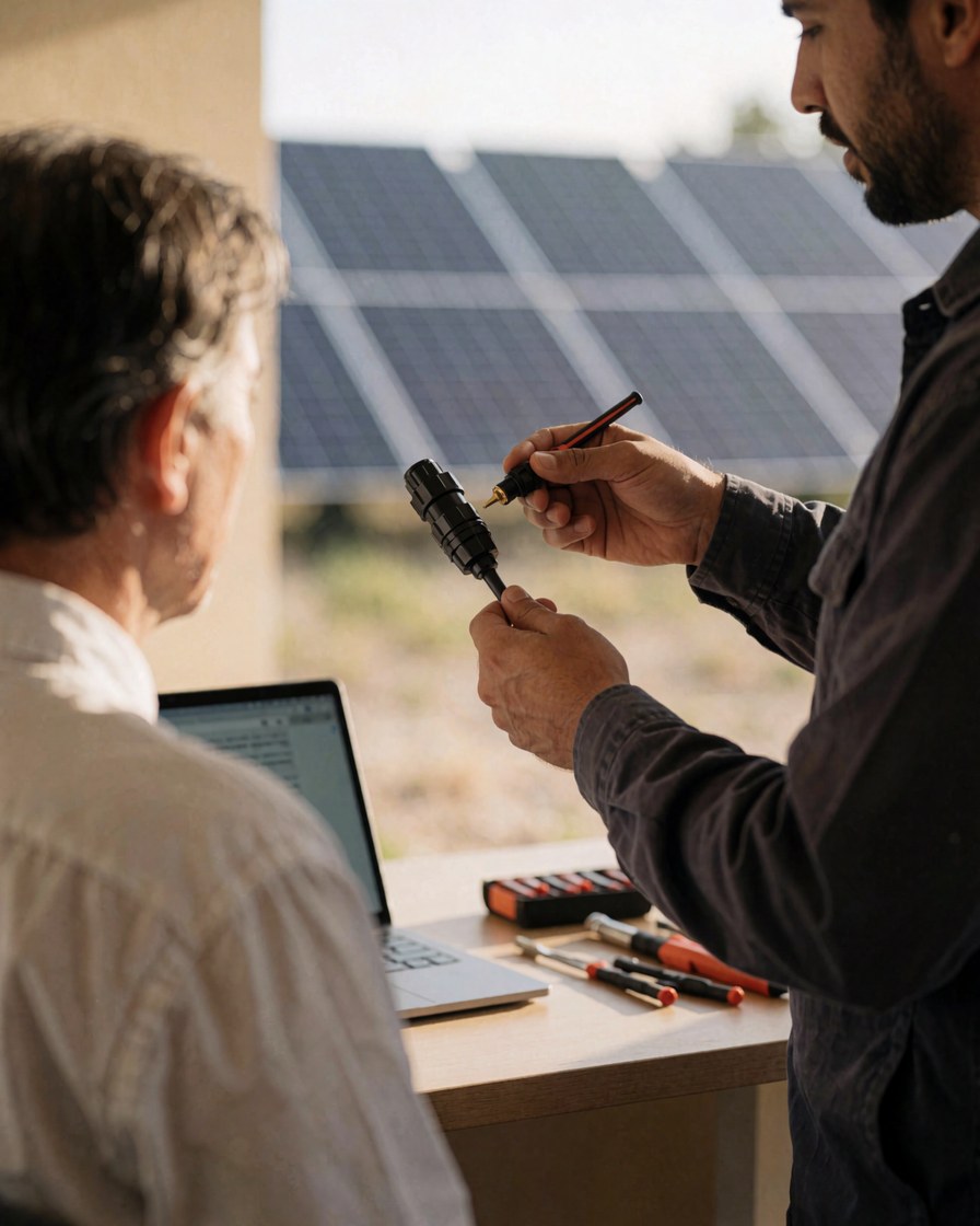 Un technicien examine un connecteur MC4 devant un client, avec un panneau solaire en arrière-plan et des outils sur une table.