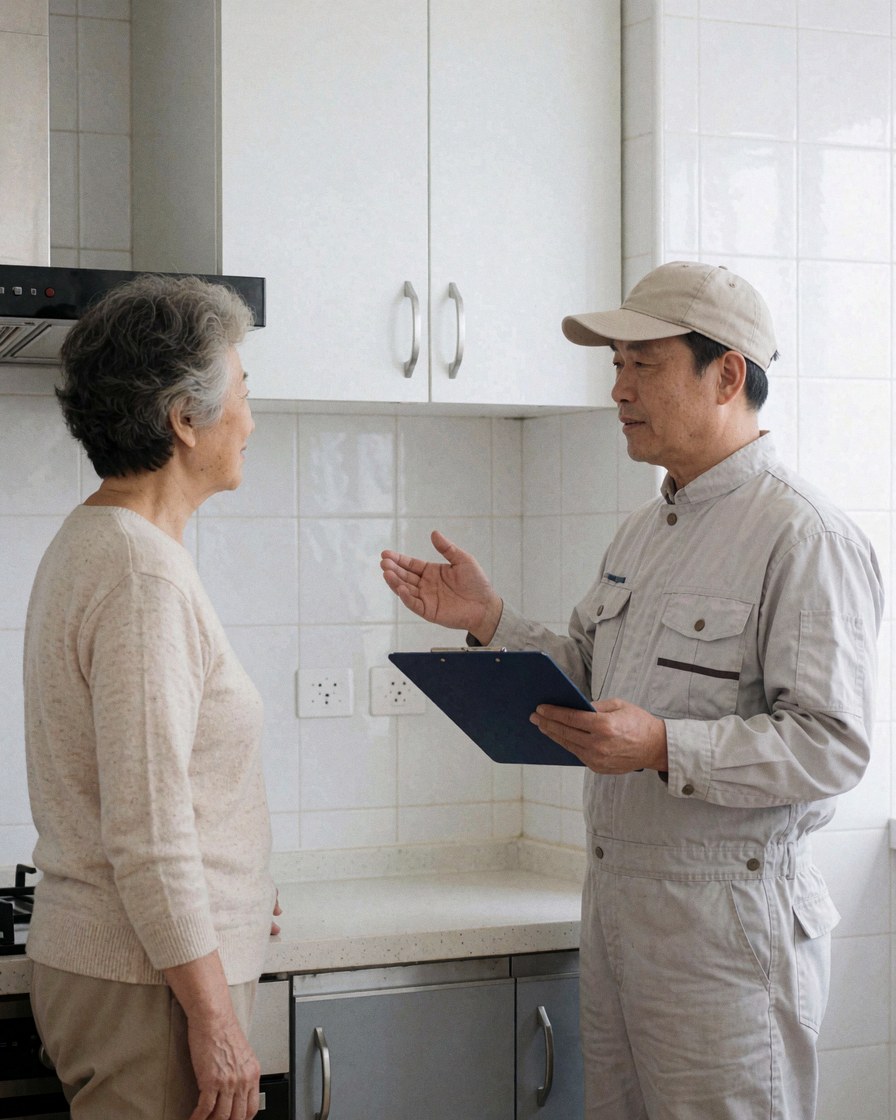 Un menuisier en uniforme explique les caractéristiques d'un meuble blanc à un client dans une cuisine moderne avec des carreaux blancs.